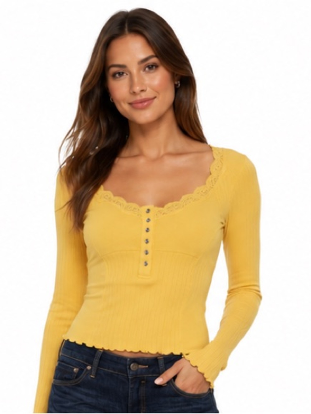 Guess Ladies Yellow Lace-Trim Ribbed Long Sleeve Henley with jewel buttons